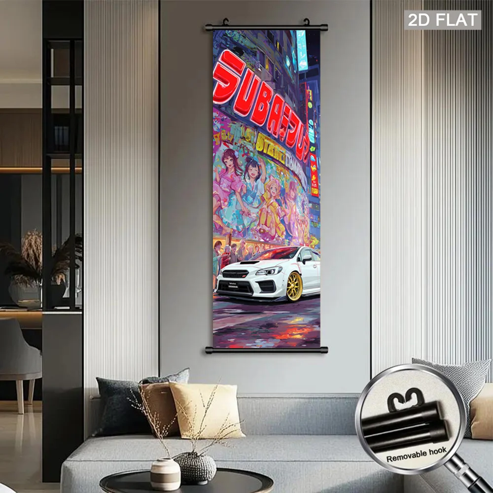 VIKAMA Cyberpunk Neon Street Sports Car Wall Art Hanging Scroll Poster Asian Canvas Art Print for Living Room Bedroom Home Decor