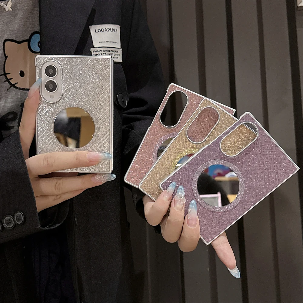 Glitter Woven Texture Mirror Phone Case For Samsung Galaxy Z Fold8 Ultra 7 6 5 4 Frame Hinge Hard Foldable Shell Multi‑Color