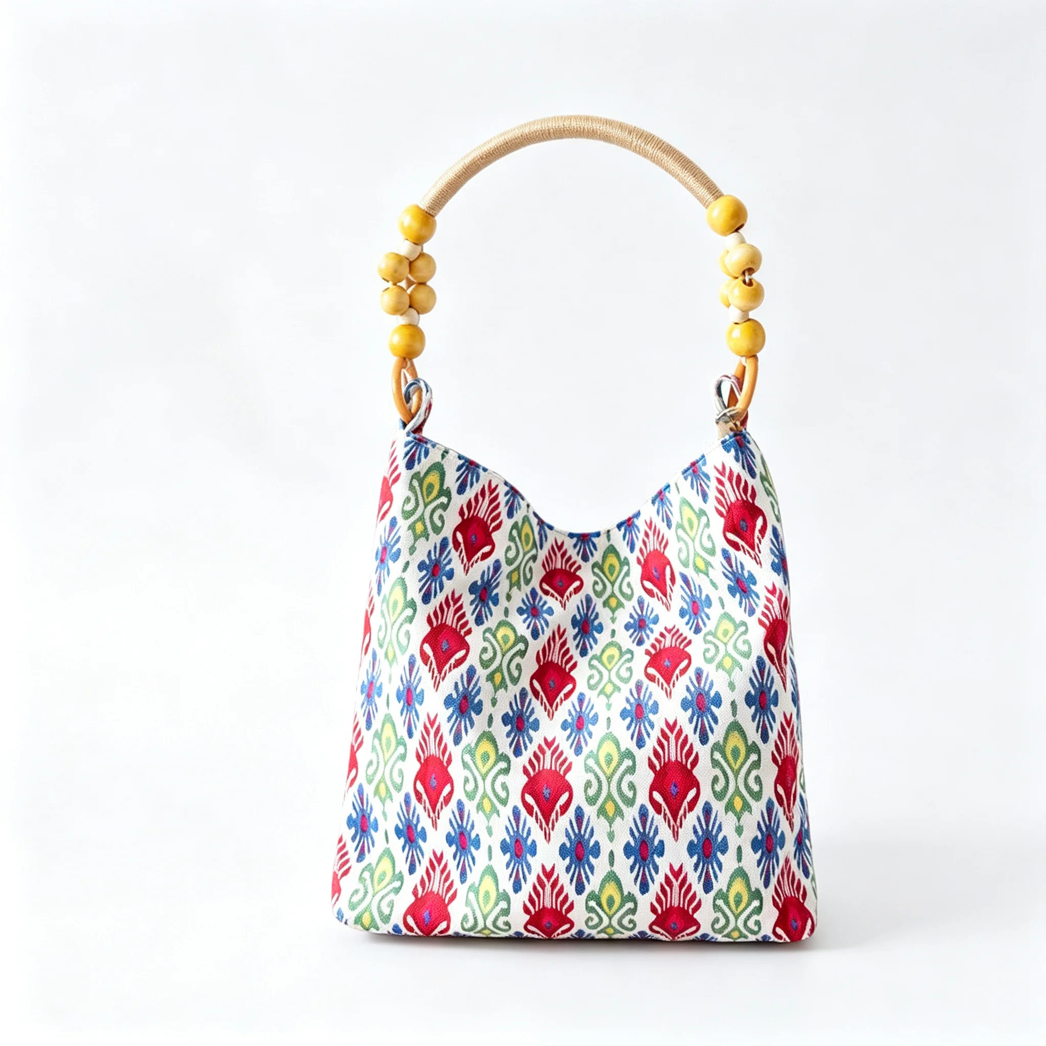 Yellow Black Green Red Blue Beige Ethnic Boho Ikat Pattern Canvas Shoulder Wooden Bead Strap Hobo Bag Literary Commute For Girls