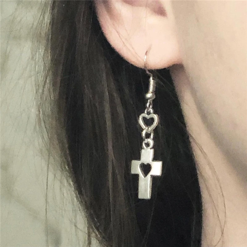 Fashion Heart Cross Earrings Silvery Hollow Heart Cutout Cross Dangle Sweet Cool Punk Jewelry for Women