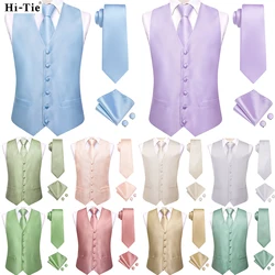 Hi-Tie Solid Voilet Lilac Silk Mens Suit Vest 4PC Woven Waistcoat Tie Pocket Square Cufflink Business Wedding Dress Waist Jacket