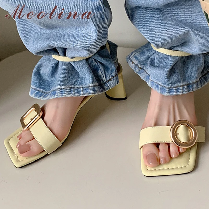 

Meotina Women Genuine Leather Ankle Strap Sandals Square Toe Thick High Heels Buckle Sexy Design Ladies Fashion Shoes Summer 40