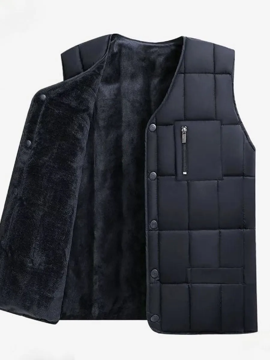 

Утепленный флисовый теплый повседневный мужской пуховый жилет из хлопка, облегающий, осенне-зимний, новый, модный, городской стиль, V-образный вырез, на одной пуговице.