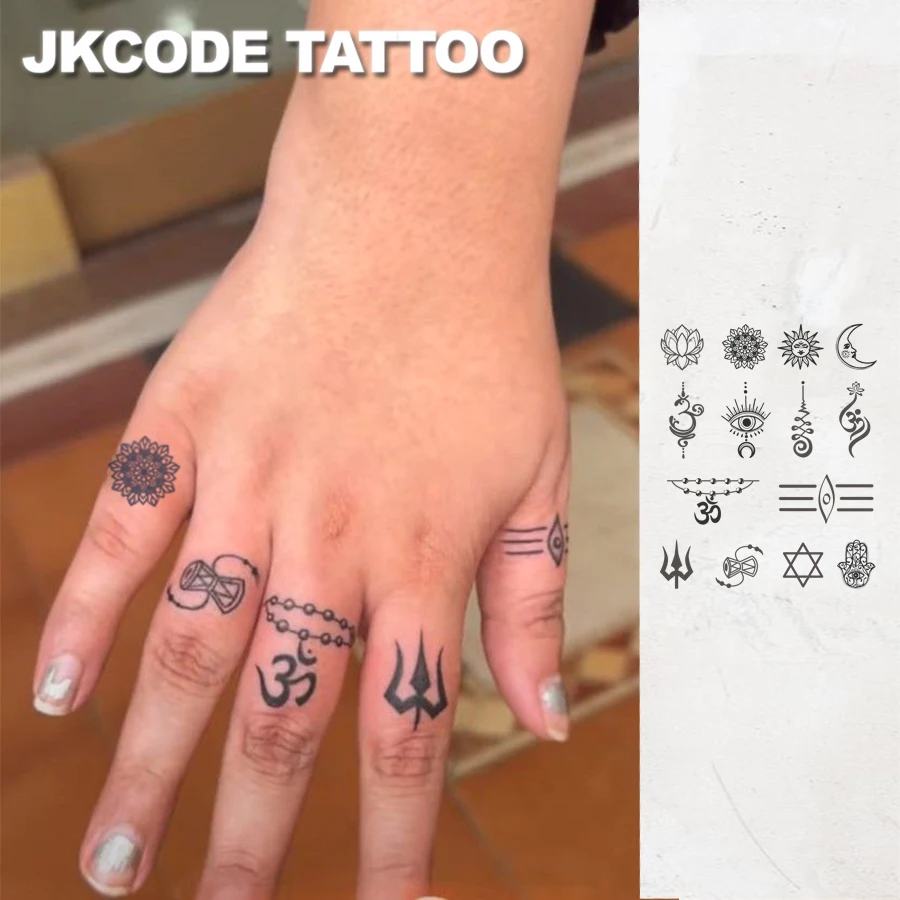 Sanskrit Power symbol tattoo - Herbal temporary tattoo with mysterious Sanskrit motifs - Protective amulet - Eye line design for men, warm design for women, suitable for fingers, hands, and neck - Long-lasting waterproof tattoo that lasts 15 days