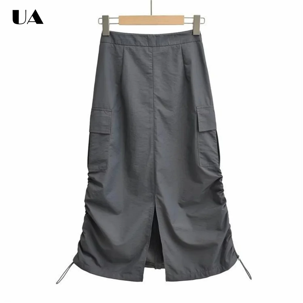 Safari Style Shirring Mid-calf Skirt for Women, Sweet&Edgy Multi-pocket Unique Skirts, Streetwear Empire Slit Women's Skirts