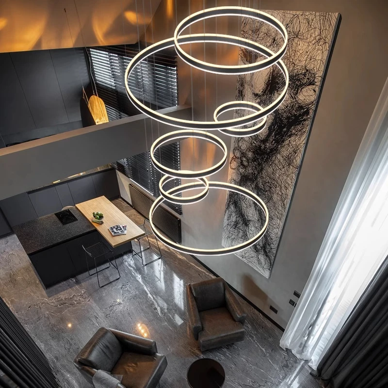 Modern Circles Led Pendant Lights Minimalism Dimmable Living Room Duplex Villa Stair Ceiling Chandelier Lighting Lustre Fixtures