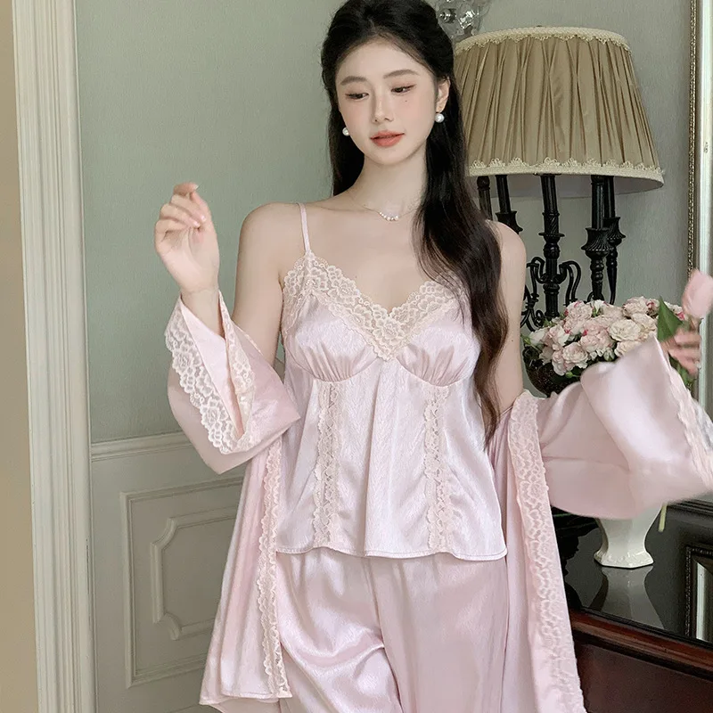 2024 French pajamas new sexy sling three-piece set with cushion ice silk spring and fall pants outside the home wear women