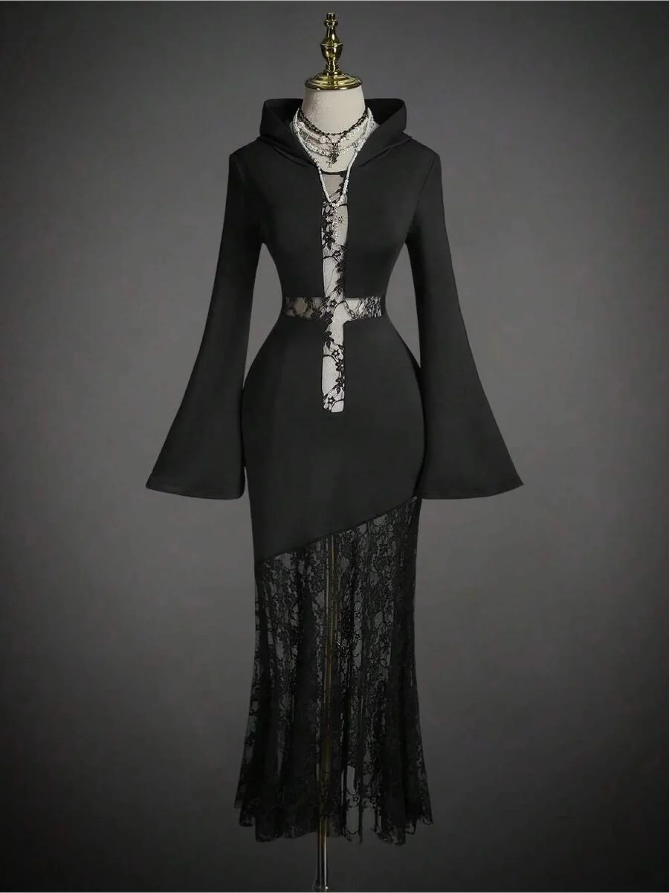 Gothic Black Cross-Lace See-Through Long Dress Sexy Retro Hooded Long-Sleeved Tight Party Dress for Women Halloween Clothing