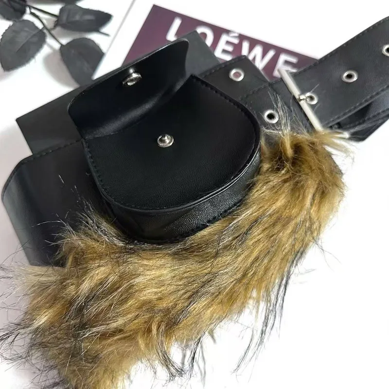 2025 new Waist Bag Fashion Design Women Belt Lipstick Bag Street hip-hop Belt Faux Fur Splicing Belt Y2K for Club Party Mini Bag - view 6