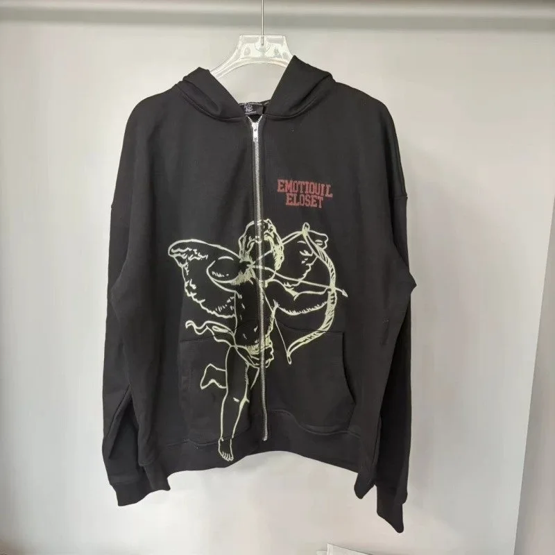 Mixed Emotion Archery Cupid Print Hooded Sweatshirt - Marca americana de streetwear - Jaqueta com zíper masculina e feminina