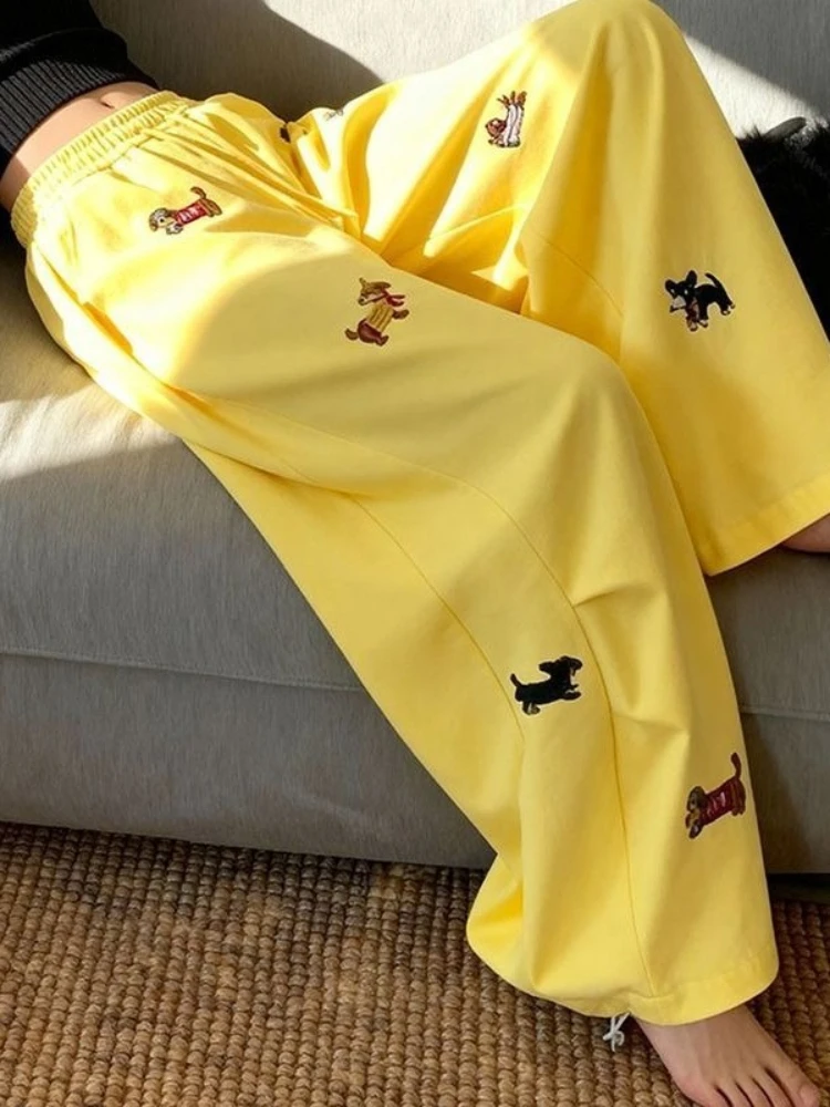 

Y2K американские мешковатые брюки в стиле ретро, женские брюки с вышивкой собаки 2025, спортивные широкие брюки с высокой талией, повседневные спортивные штаны, уличная одежда