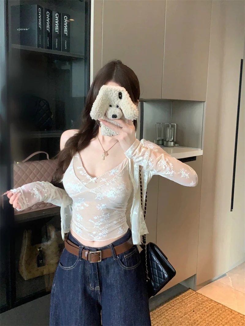 

Fashionable Pure Color Long Sleeve Open Cardigan Set Women's Summer Inner Sexy Strap Vest Two Piece Set Elegant Atmosphere