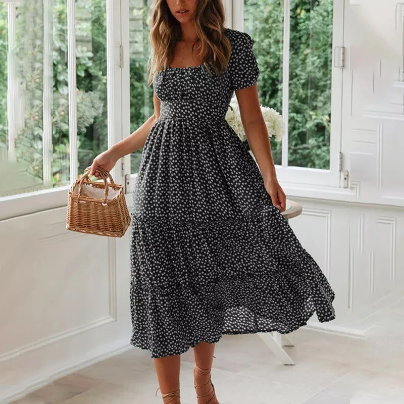 

Bohemian Ladies Floral Short Sleeve Dress Fashion Square Collar Waist Big Swing Dress Holiday Beach Elegant Sundress Maxi Dress