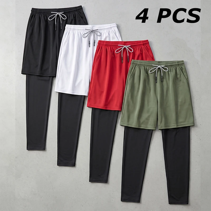 4 Piece Set Mens 2 in 1 Running Workout Pants Gym Athletic Compression Pants with Phone Pocket Basketball Tights Sporty Leggings