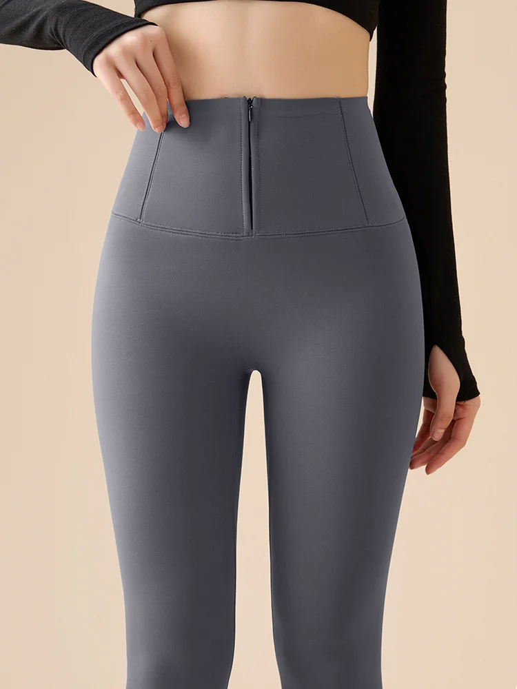 Fall Winter Rabbit Fleece Thick Breasted Zipper Sharkskin leggings Women's Waist Shaping Tight Sports Warm Pants