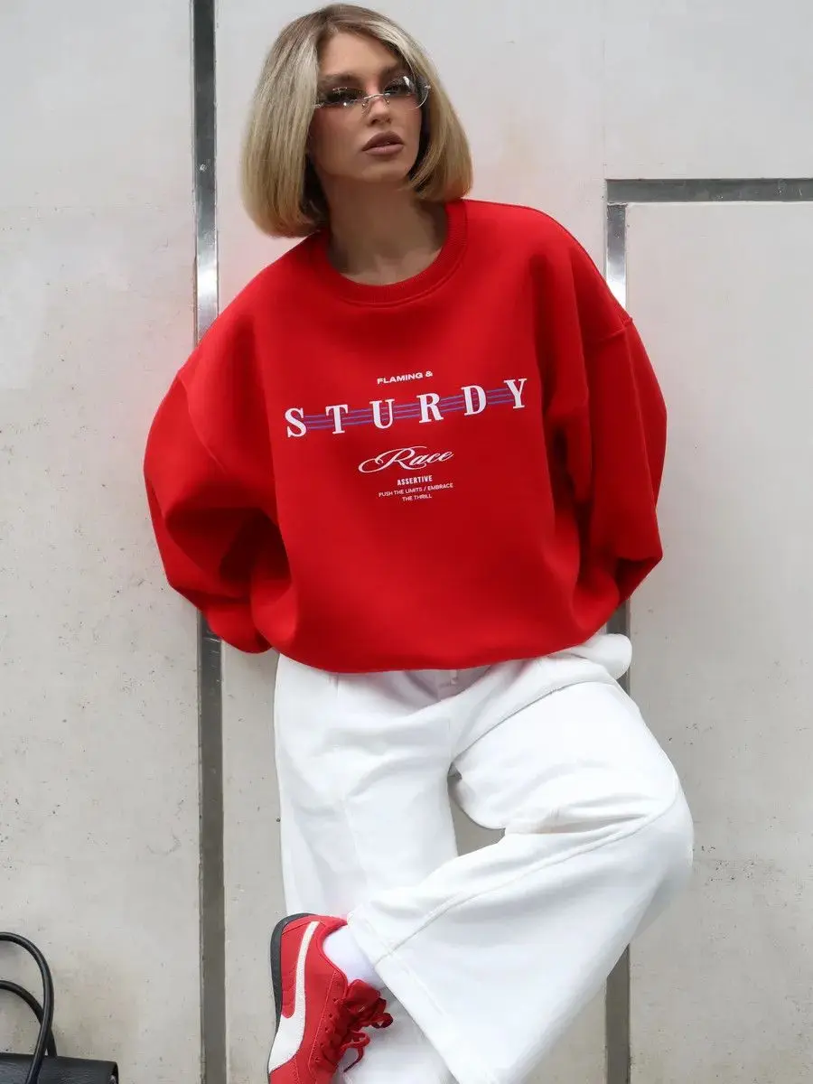 America Women Street Fashion Blouse Red Sweatshirts Autumn Tops Fashion Cute Letters Printed Crew Neck Hoodie Loose Large Size