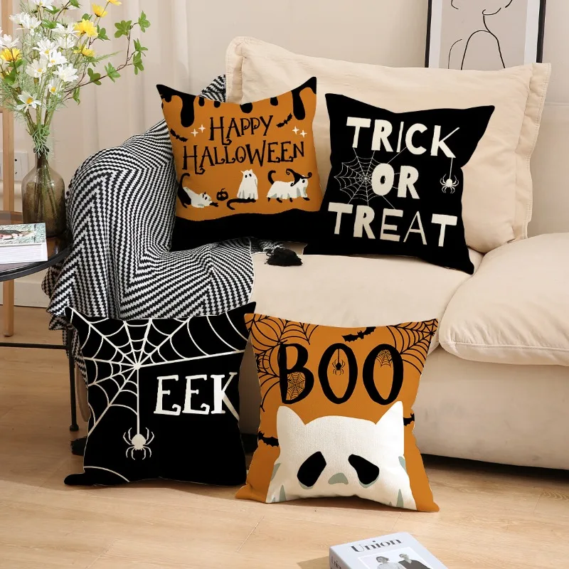 

Halloween Decor 45x45cm Set of 4 Spider Web Ghost Pillowcase Black Orange Holiday Farmhouse Throw Pillows Cushion for Home Sofa