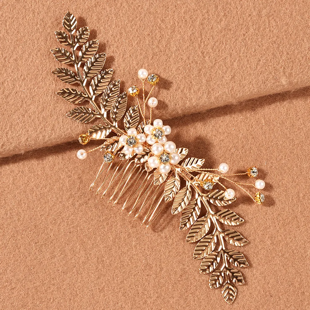 Luxury Floral Pearl Rhinestone Hair Comb Golden Leaf Design Bridal Hair Comb for Wedding Engagement Anniversary Festival Dance