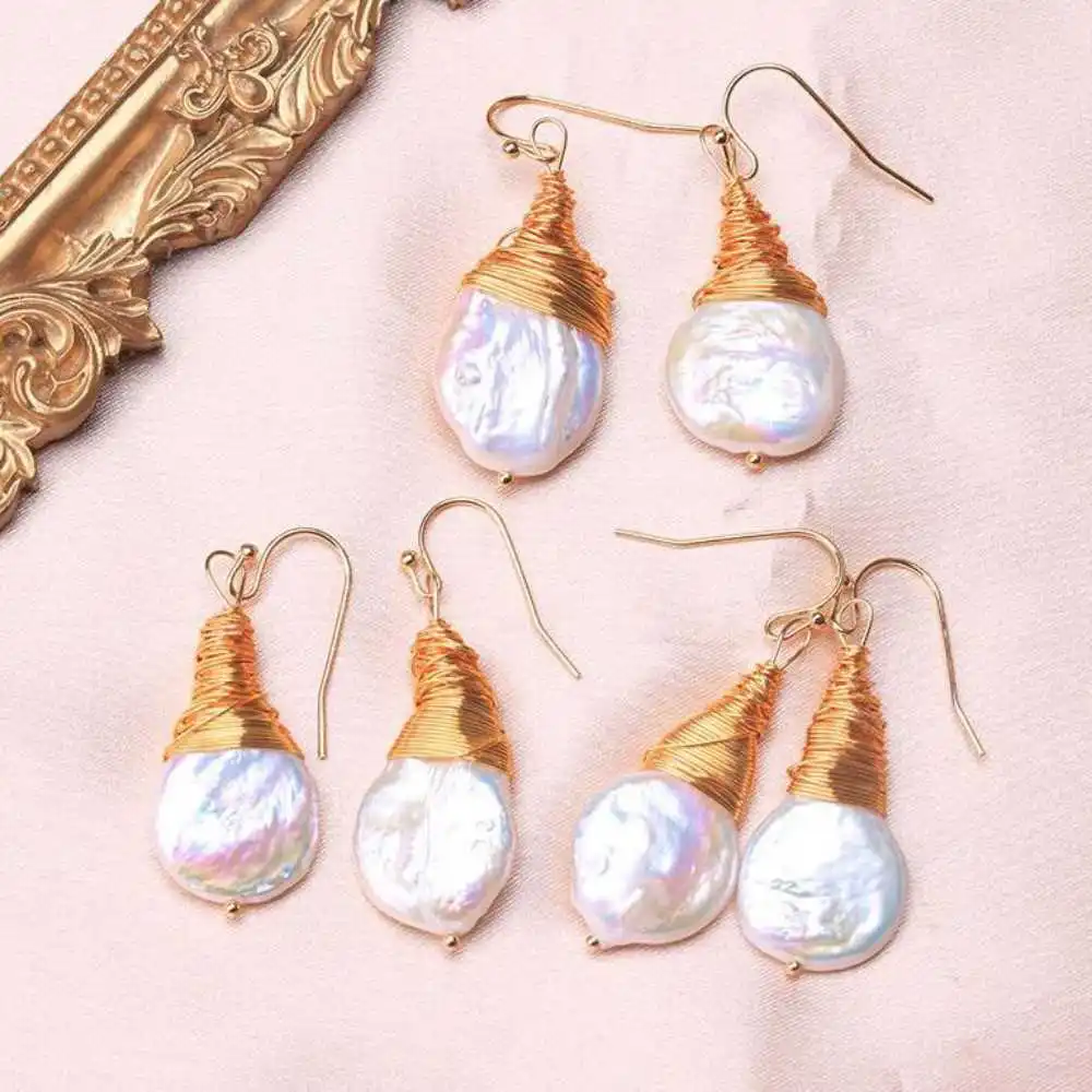 

White Baroque Freshwater Pearl Coin Pearl Earrings 18K Christmas New Beautiful Hook Wedding VALENTINE'S DAY Holiday gifts