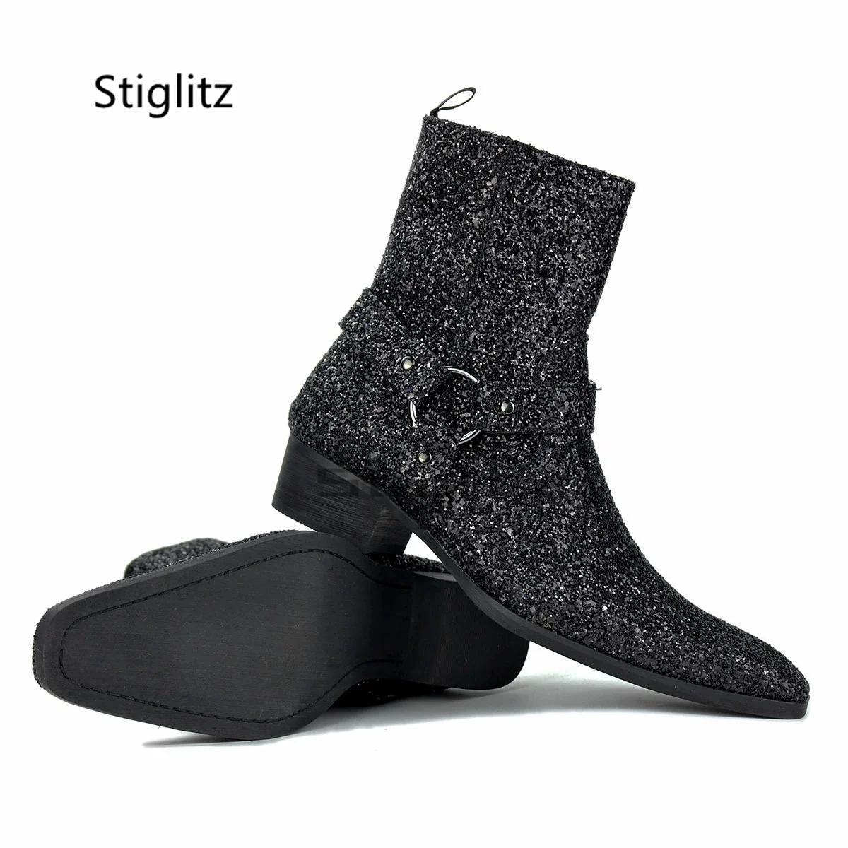 Sequined Buckle Strap Chelsea Boots for Men Bling Bling Luxury Pointed Toe Side Zip Cowhide Ankle Boots Party Wedding Shoes