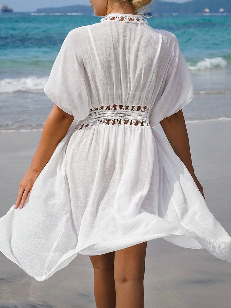 Summer Dress Crochet Boho Beach Summer Swimsuit Dress Crochet Lace-Up Long Blouse Open-Front Swimsuit Cover-Up Duster Kimono