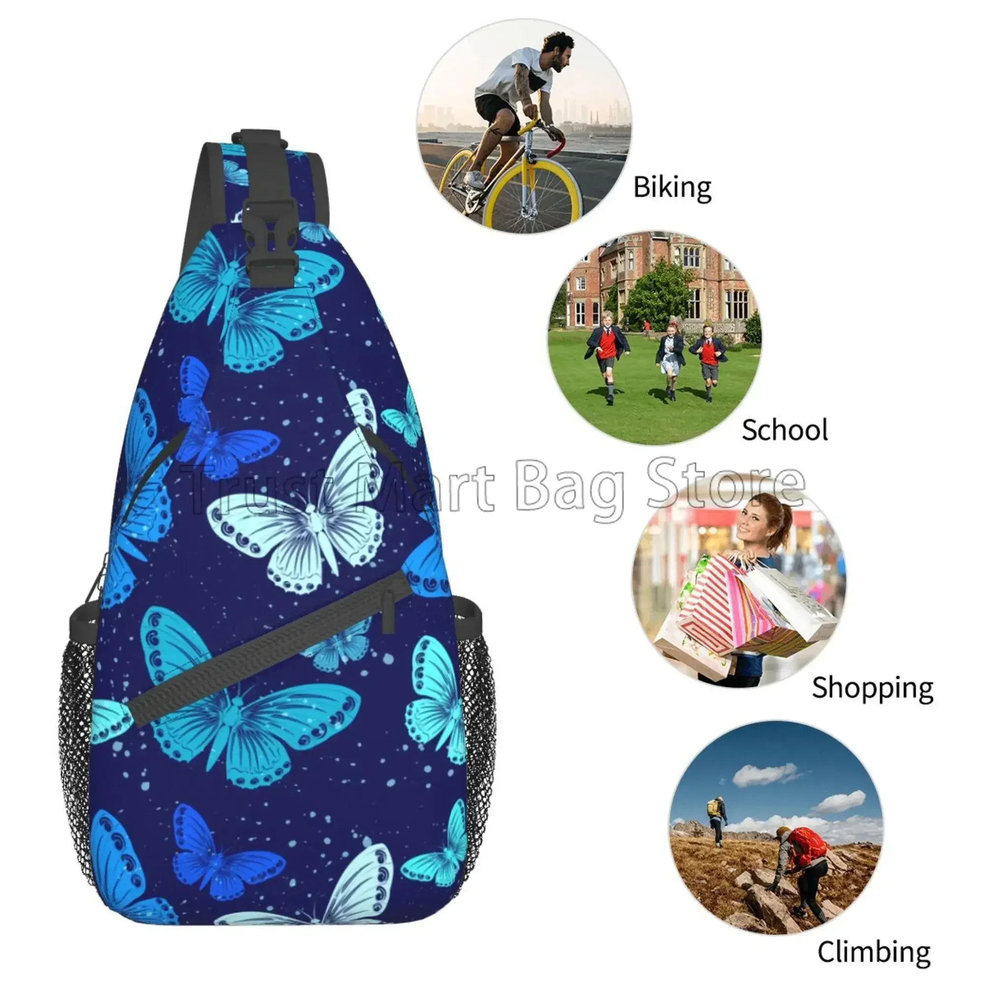 Unisex Blue Butterfly Sling Backpack, Peito Malas, Viagem, Caminhadas, Mochila Crossbody, Bolsa de Ombro das Mulheres, Ginásio, Ciclismo, Corrida