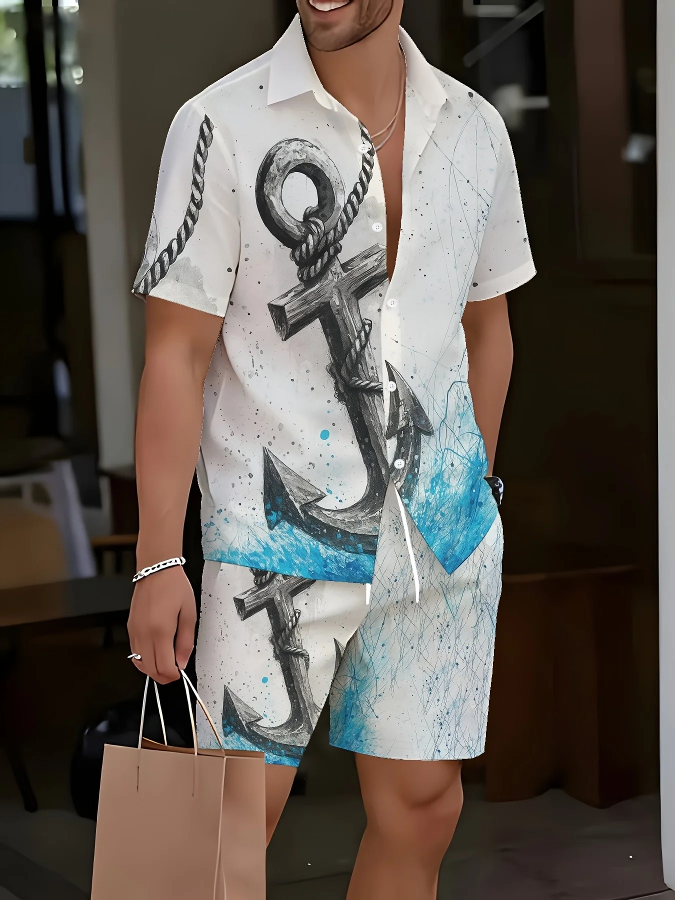 Summer Men Lapel Shirt & Drawstring Shorts Set Nautical Anchor Rope Ocean Wave Graphic Print Polyester Beach Outfit