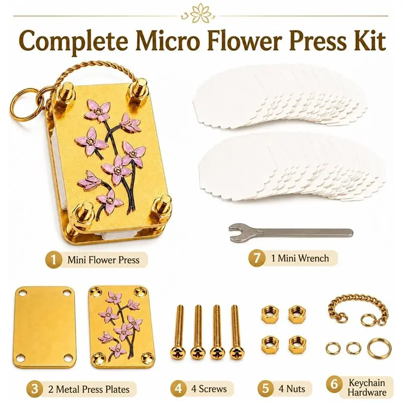 ABKY-Mini Flower Press Keychain With 20 Reusable Specimen Papers, Portable Micro Flower Press Kit Flower Preserving Tool