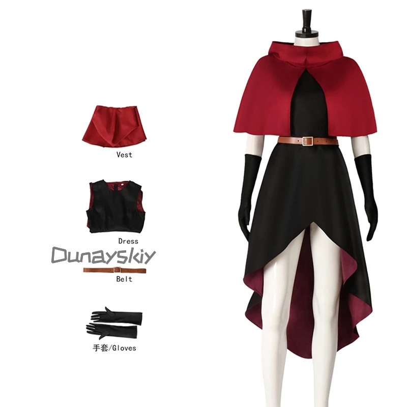 Delicioso en mazmorra, disfraz de Farin Tuding, vestido negro con capa roja, uniforme 110-180, ropa de Halloween para niños y adultos