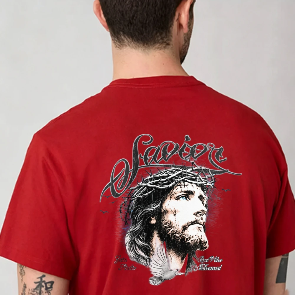 Saviour Cursive Script Jesus Thorn Crown Portrait with Dove Crew Neck T Shirt Retro Faith Short Sleeve Tee Cotton Streetwear Tee