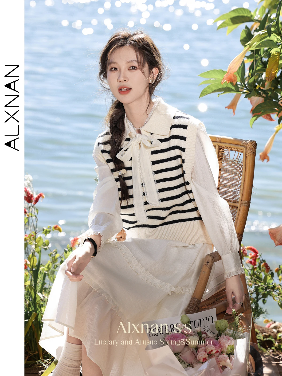 ALXNAN Elegant Chic Bow Frenchy Dress for Women Spring Button Down Front Elastic Waist Long Sleeve A Line Midi Dresses L33352