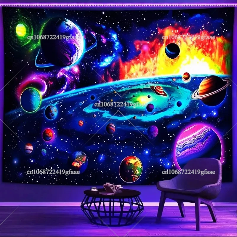 

Galaxy Planet Blacklight Tapestry UV Reactive Universe Black Light Tapestry Glow In The Dark Wall Art Decor Neon Backdrops