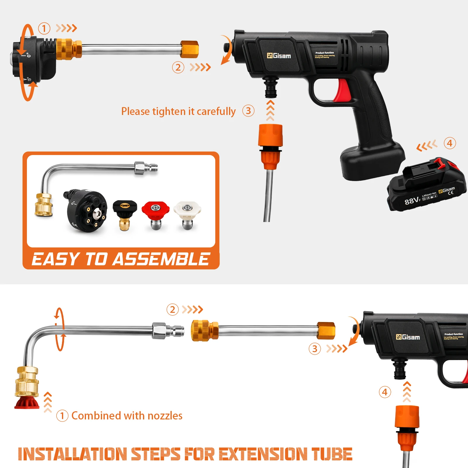 Gisam 30BAR Electric High Pressure Car Washer Spray Gun 6 in 1 Washer Water Gun Garden Car Washing Gun for Makita 18V Battery