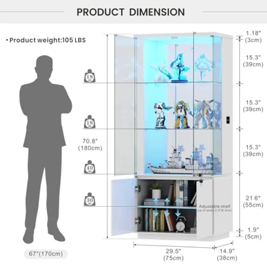 71 Lockable LED Glass Display Cabinet with Human Sensor for Living Room, White Tempered Glass, Soft-Close Doors