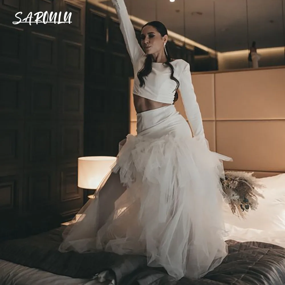 Modern 2 Pieces Long Sleeve Satin Wedding Dress Boat Neck Wedding Separate Dress Bridal GoButtons Fluffy Tulle Skirt Bridal Gown