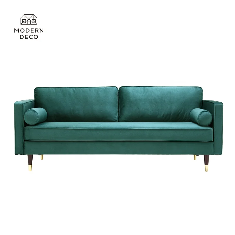

Green Velvet Sofa Canape Velour Moderne with 2 Round Bolsters 3 Seater Couch Settee with Wooden Legs and Gold Ring