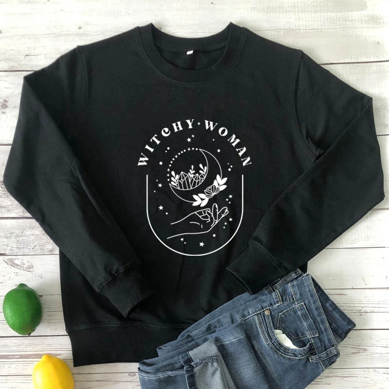 

witchy woman crystal moon in hand Sweatshirt Celestial women long sleeve jumper witchy mama pullovers