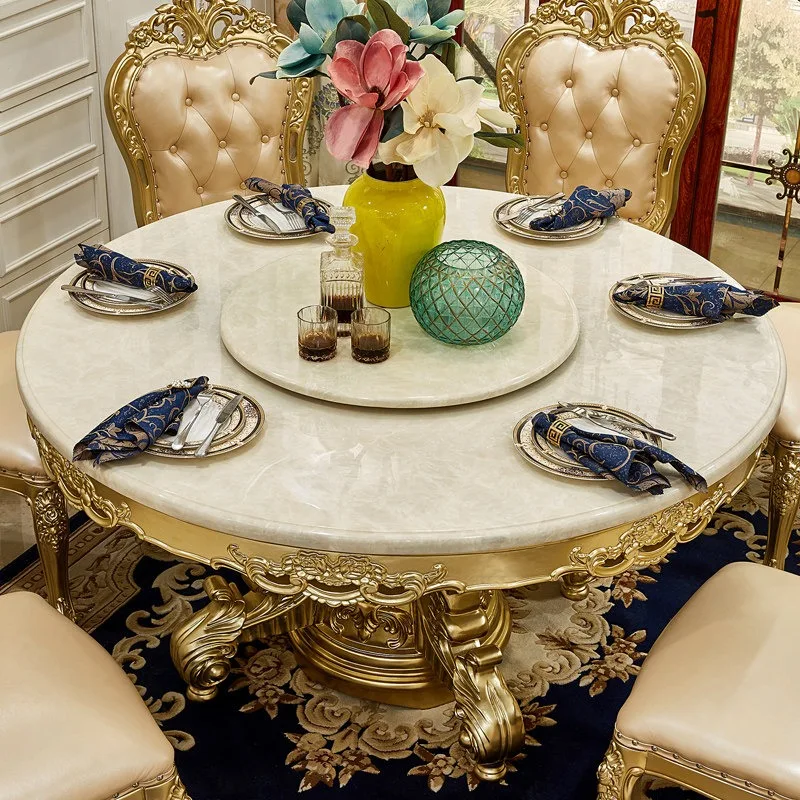 European-style round table, fully solid wood carved electric hotpot table, rotary table, marble dining table and chairs, villa l