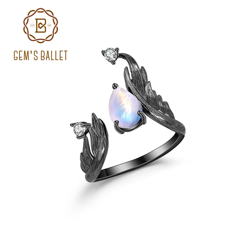 

GEM'S BALLET 6x9mm Pear shaped Milky Blue Moonstone Ring 925 Sterling Silver Engagement Ring For Women June Birthstone Ring