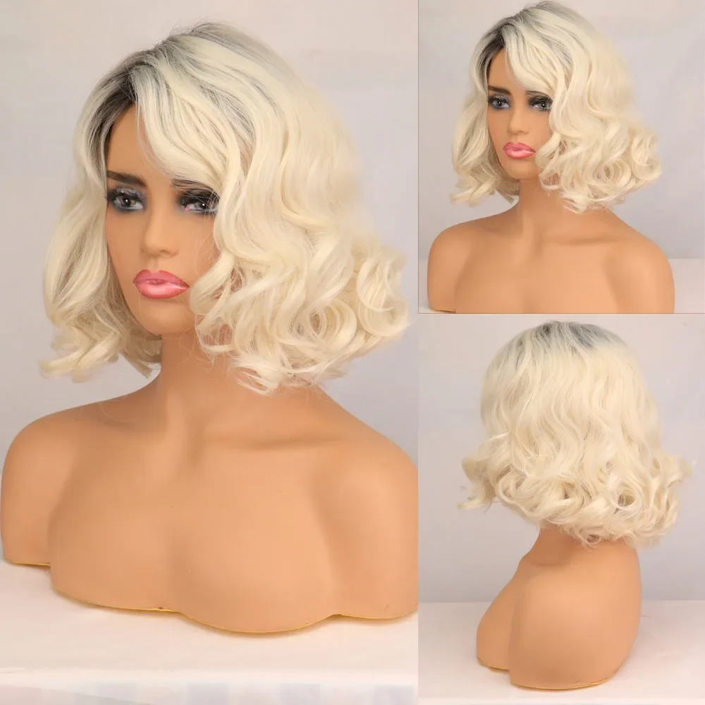 

Synthetic Hair Blonde Mix Color Wavy Hair Bob Women Middle Part Cosplay Wigs Heat Resistant Fiber for Women