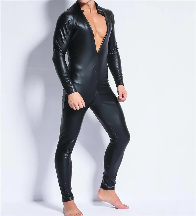 Plus Size 3XL Bodysuit Sexy Men's Lingerie Leather PU Jumpsuit Nuisette Catsuit Zipper Open Crotch Teddies One-Pieces Undershirt