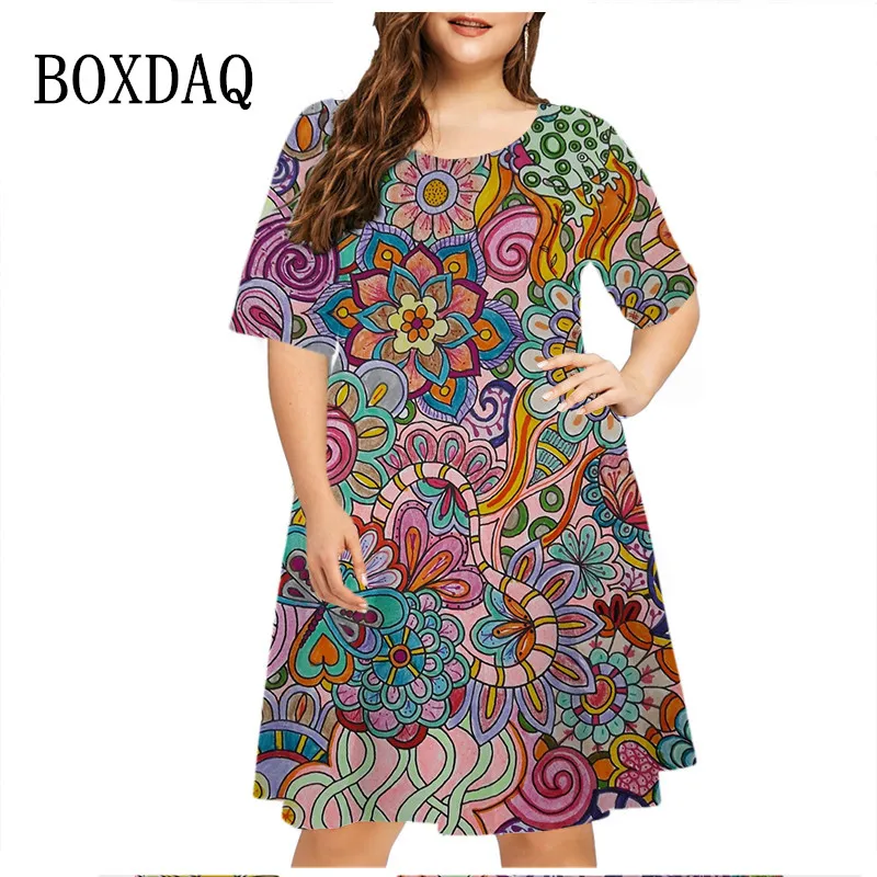 6XL Plus Size Dresses Women Abstract Painted Print Dress Summer Vintage Pattern Short Sleeve A-Line Dress Casual Party Sundress