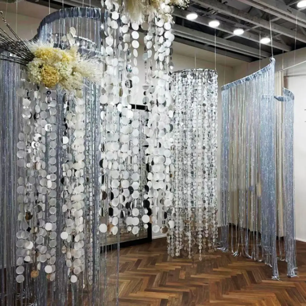 10PCS 1 Meter Sequins Hanging Foil Curtains PVC Flash Curtains Round Sequin Rain Curtain Glitter Bead Gold Silver