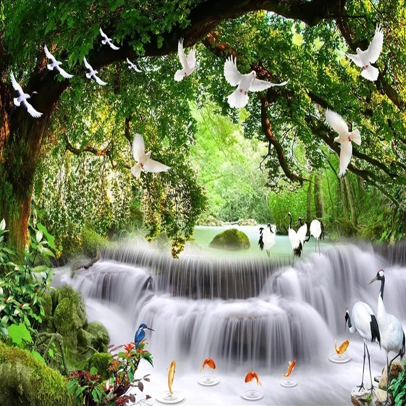 Natural Landscape Custom 3D Photo Wallpaper Green Forest Waterfall Birds Large Mural Living Room Bedroom Background Wall Decor