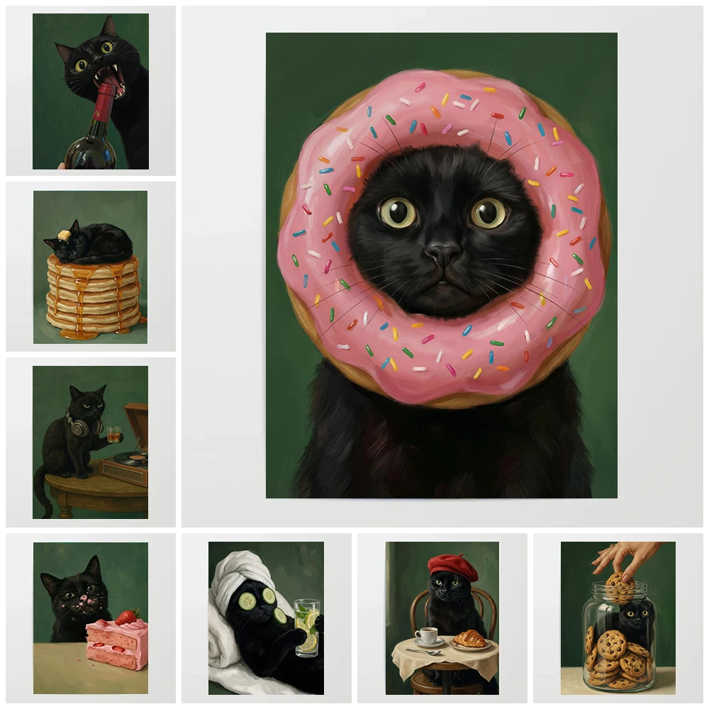 1pc frameless canvas painting Interesting And Cute Black Cat With Desserts Food Beverages Alcoholic Beverages Art Posters Can
