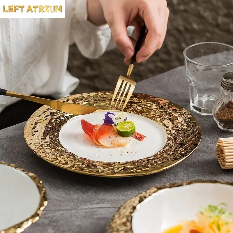Wide Gold Edged Stone Patterned Ceramic Western Dish Plate, Soup Bowl, Sushi, Dessert Plate, Featured Hotel Circular Dish