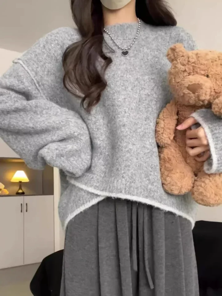 Suéter de Color de contraste Irregular para mujer primavera otoño Casual cuello redondo versátil suave suelto Top de punto jersey coreano de manga larga