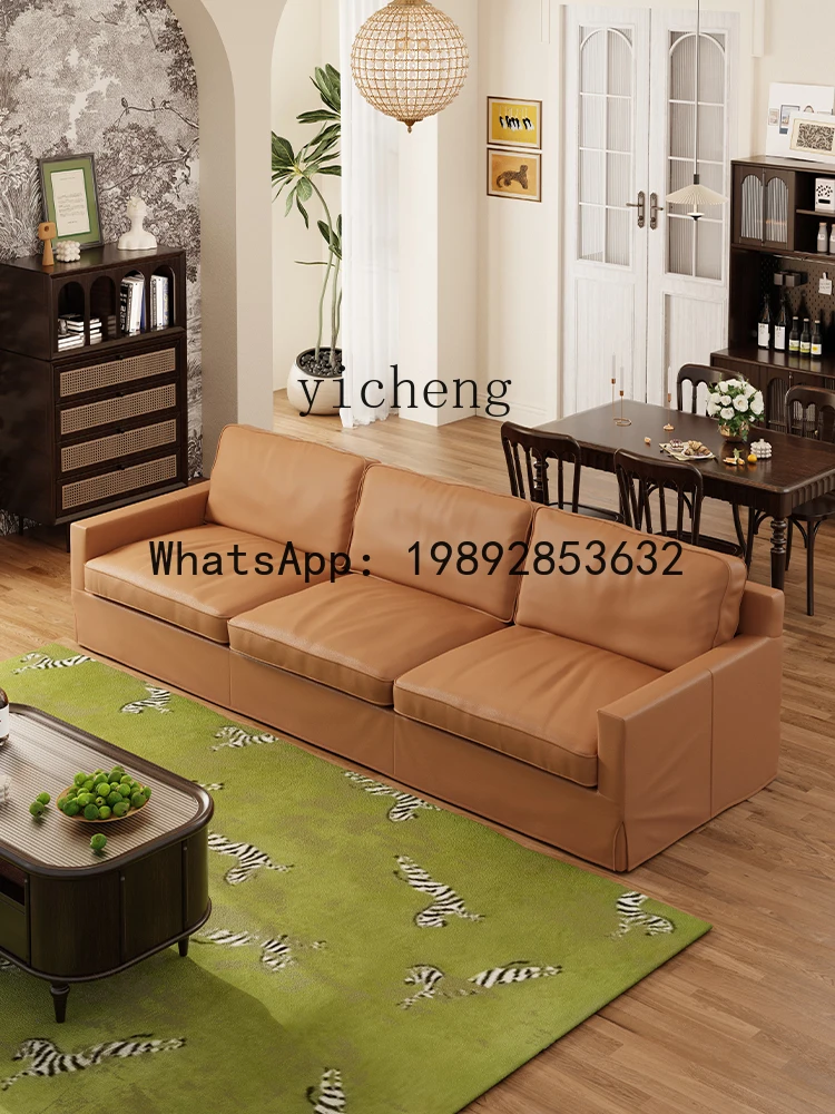 H2 Leather Sofa Tofu Block First Layer Cowhide Three-Seat Straight Row Leather Living Room New Chinese Sofa