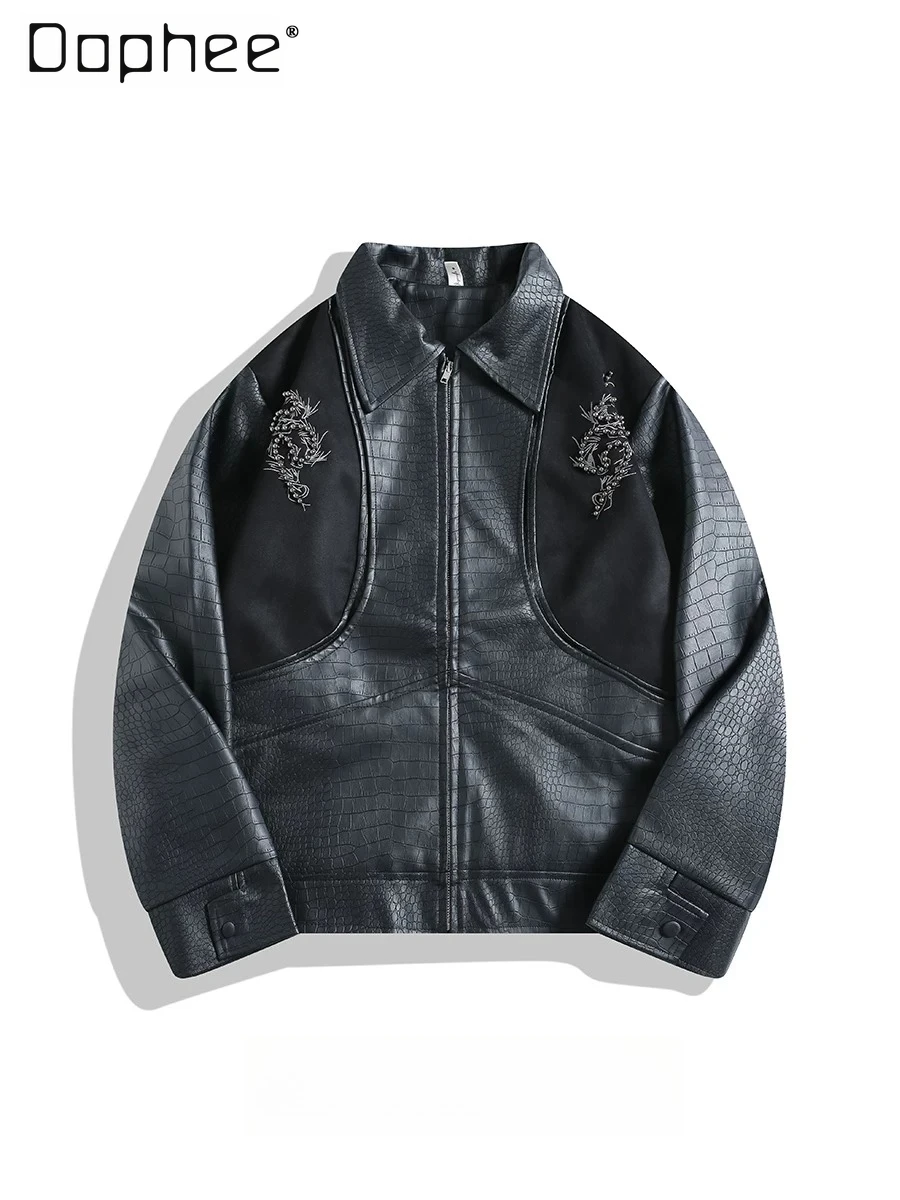 

2026 Spring Autumn New Men's Cool Dark Streetwear Snake Pattern Embroidered Rivet Spliced PU Leather Biker Jacket