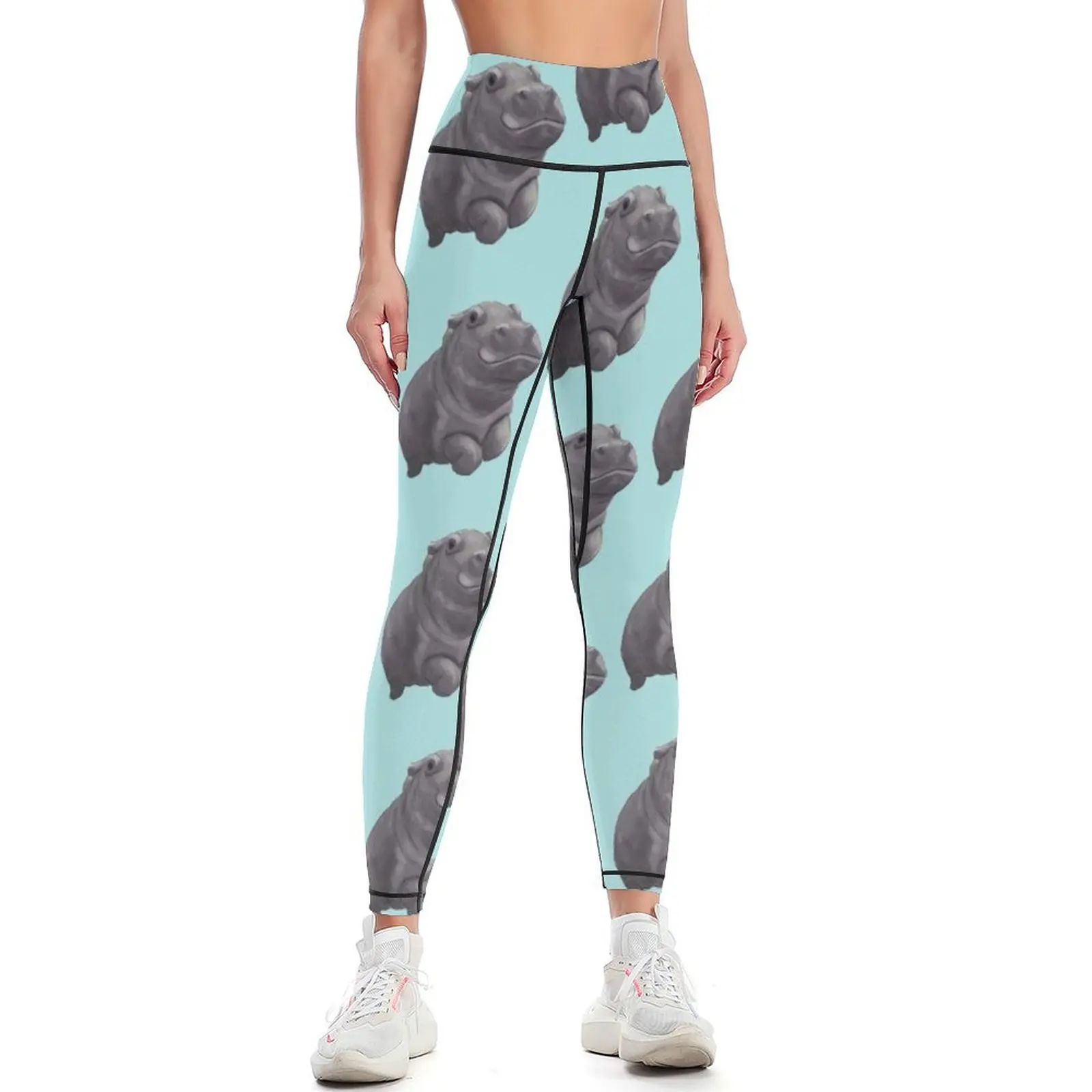 Cute Painted Baby Hippo Swimming - Digital Painting Leggings Training pants legging gym Women's sports Womens Leggings